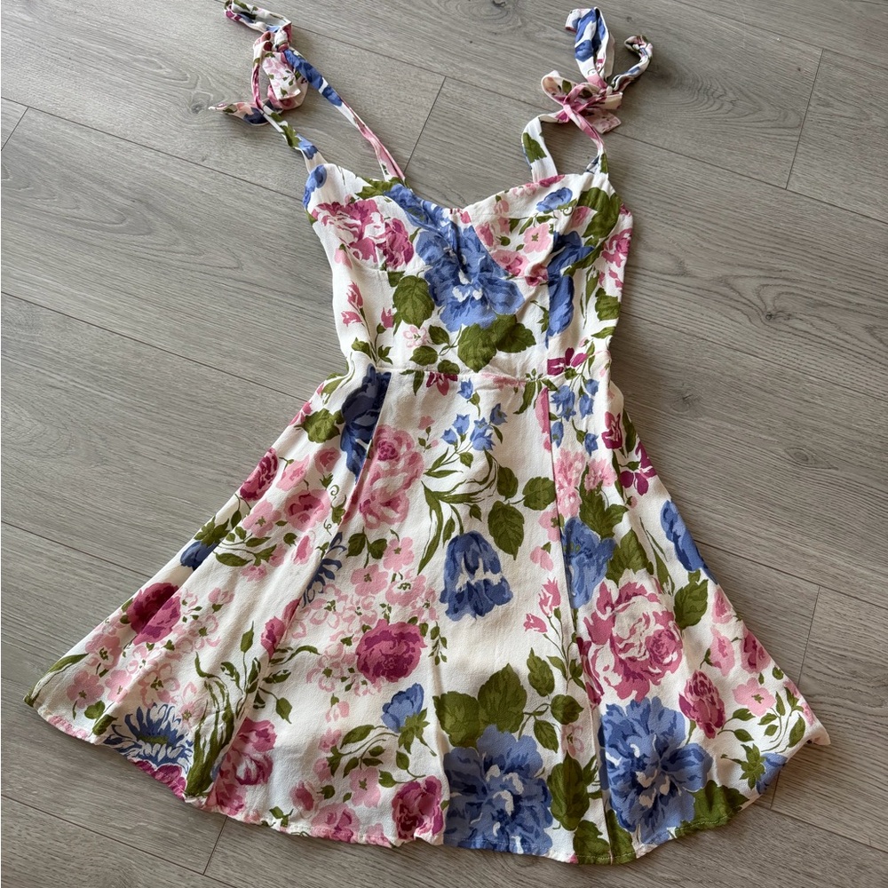 Reformation Floral Tie-Shoulder Dress in White, Pink & Blue